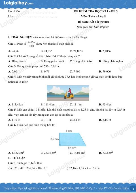 Đề kiểm tra học kì 1 Toán 5 Kết nối tri thức - Đề số 5